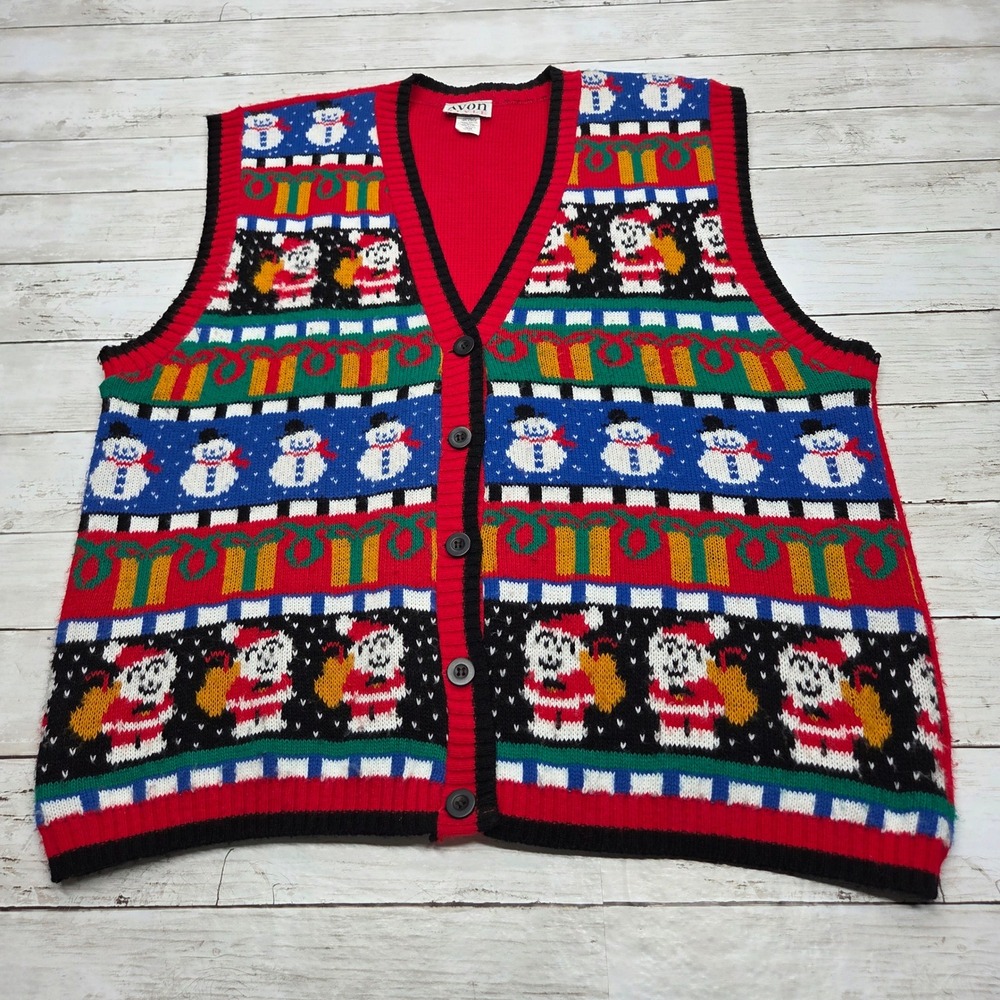 Avon Style Santa Snowman Holiday Sweater Vest Womens 1X/2X Red Knit Button Front